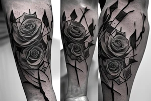 A long and thin sword that's broken in the middle of the blade but the broken shards stays close with vines surrounding the blade and hilt with three blue roses tattoo idea