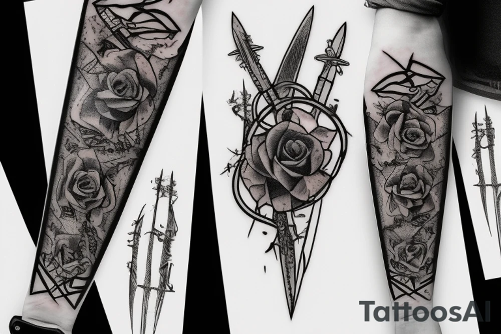 A long and thin sword that's broken in the middle of the blade but the broken shards stays close with vines surrounding the blade and hilt with three small blue roses tattoo idea