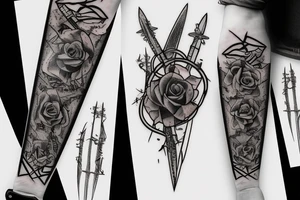 A long and thin sword that's broken in the middle of the blade but the broken shards stays close with vines surrounding the blade and hilt with three small blue roses tattoo idea