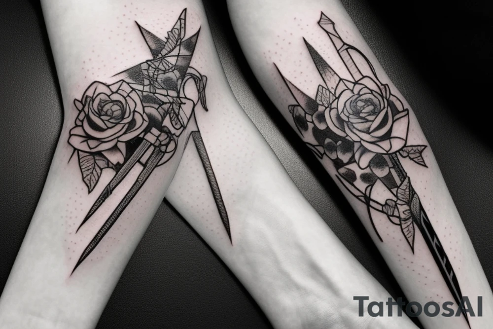 A long and thin sword that's broken in the middle of the blade but the broken shards stays close with vines surrounding the blade and hilt with three small blue roses tattoo idea