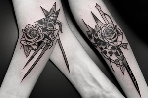 A long and thin sword that's broken in the middle of the blade but the broken shards stays close with vines surrounding the blade and hilt with three small blue roses tattoo idea