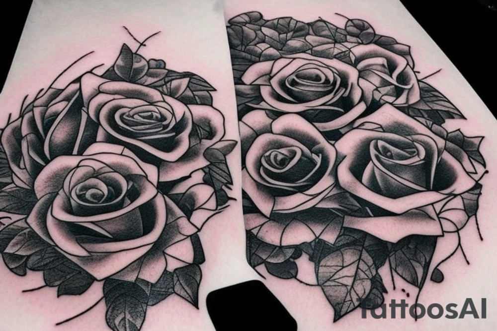 A long and thing blade that's broken in the middle. Shards are flying out of it. There are vines are roses around the blade and hilt. tattoo idea