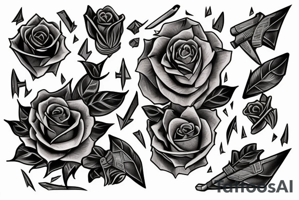 A long and thing blade that's broken in the middle. Shards are flying out of it. There are vines are roses around the blade and hilt. tattoo idea