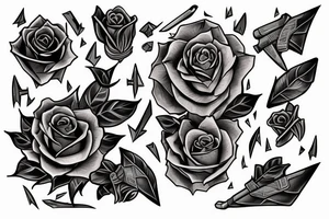 A long and thing blade that's broken in the middle. Shards are flying out of it. There are vines are roses around the blade and hilt. tattoo idea