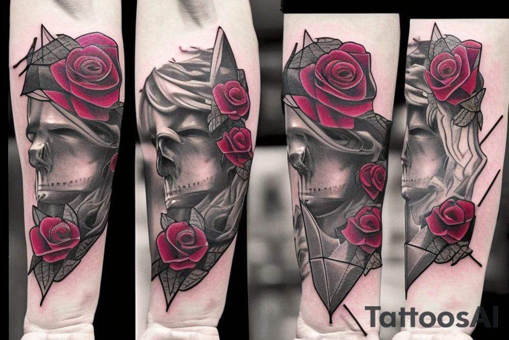 On a forearm, there is A long and thing blade that's broken in the middle. Shards are flying out of it. There are vines are roses around the blade and hilt. tattoo idea