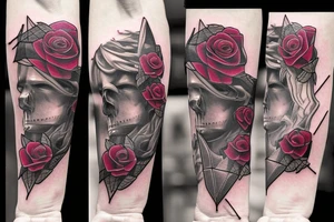 On a forearm, there is A long and thing blade that's broken in the middle. Shards are flying out of it. There are vines are roses around the blade and hilt. tattoo idea