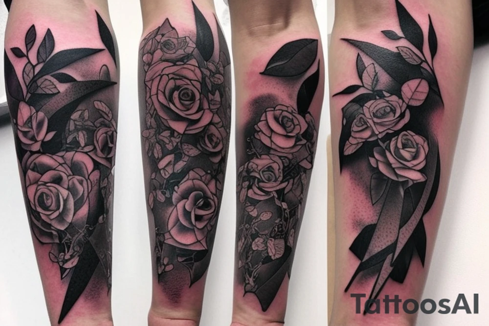 On a forearm, there is A long and thing blade that's broken in the middle. Shards are flying out of it. There are vines are roses around the blade and hilt. tattoo idea