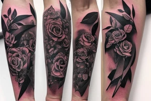On a forearm, there is A long and thing blade that's broken in the middle. Shards are flying out of it. There are vines are roses around the blade and hilt. tattoo idea