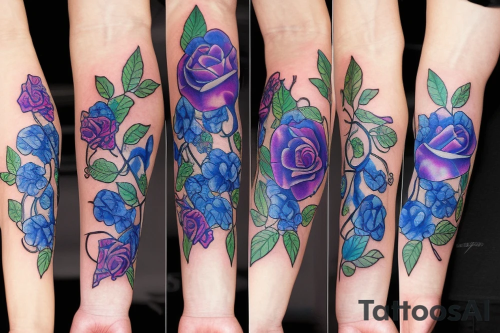 On the inside of a forearm, there is a long broken sword with three blue roses and vines. tattoo idea