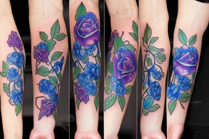 On the inside of a forearm, there is a long broken sword with three blue roses and vines. tattoo idea