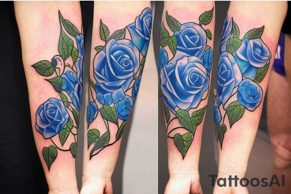 On the inside of a forearm, there is a long broken sword with three blue roses and vines. tattoo idea