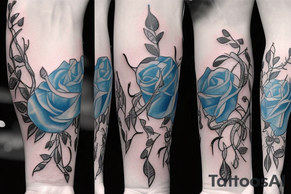 On the inside of a forearm, there is a long broken sword with three small blue roses and vines. tattoo idea
