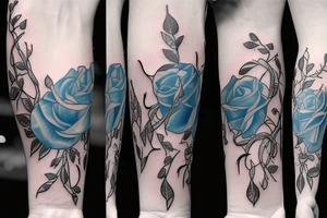 On the inside of a forearm, there is a long broken sword with three small blue roses and vines. tattoo idea