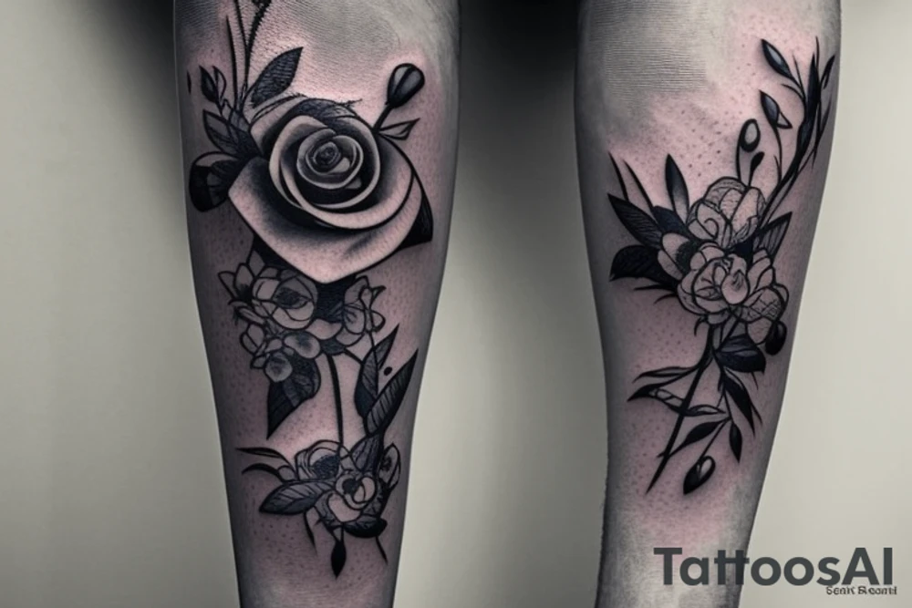 On the inside of a forearm, there is a long broken sword with three small blue roses and vines. tattoo idea