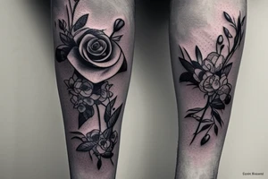 On the inside of a forearm, there is a long broken sword with three small blue roses and vines. tattoo idea