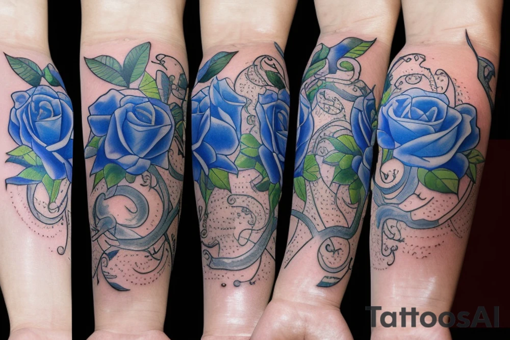 On the inside of a forearm, there is a long sword with three small blue roses and vines. tattoo idea