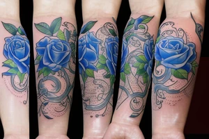 On the inside of a forearm, there is a long sword with three small blue roses and vines. tattoo idea
