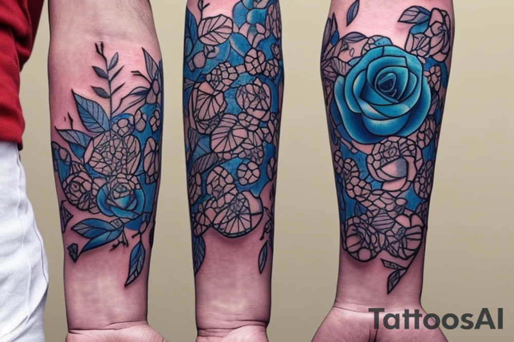 On the inside of a forearm, there is a long sword with three small blue roses and vines. tattoo idea