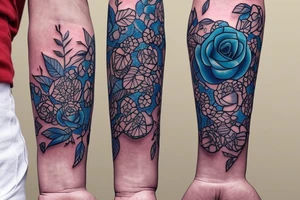 On the inside of a forearm, there is a long sword with three small blue roses and vines. tattoo idea