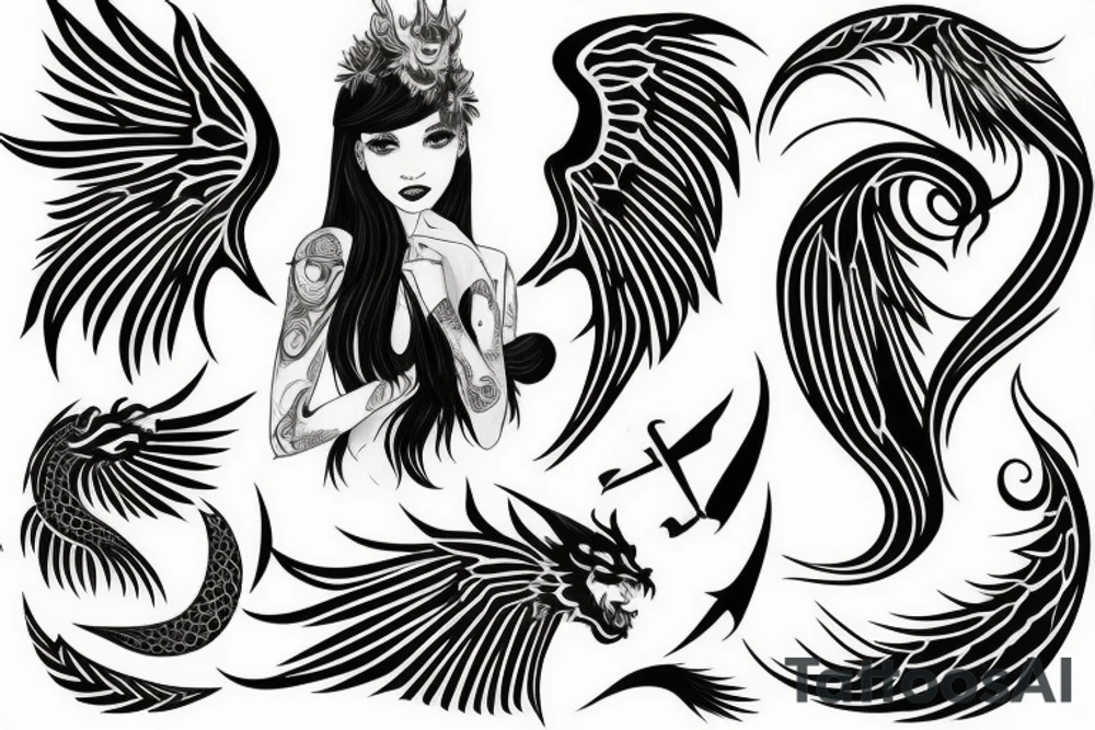 Girl in full growth with dragon and angel wing tattoo idea