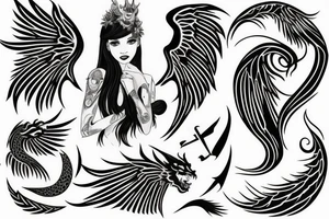 Girl in full growth with dragon and angel wing tattoo idea