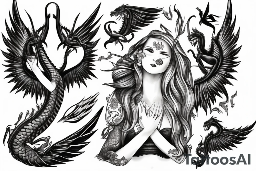 Girl in full growth with dragon and angel wing tattoo idea