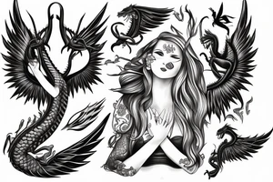 Girl in full growth with dragon and angel wing tattoo idea