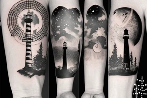 Lighthouse in outer space with a forest tattoo idea