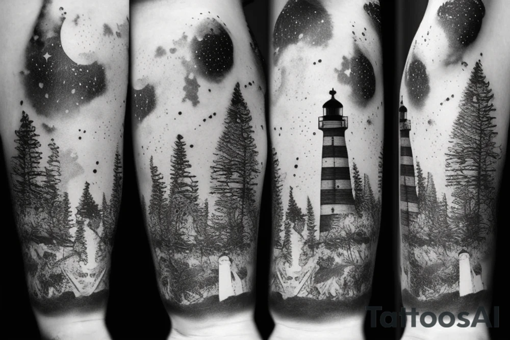 Lighthouse in outer space with a forest tattoo idea