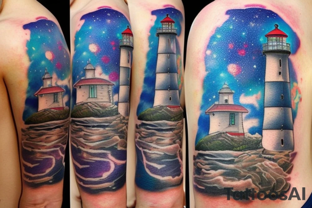 Lighthouse on the water in the galaxy tattoo idea