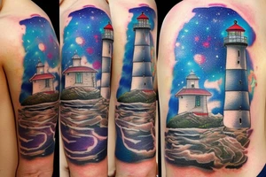 Lighthouse on the water in the galaxy tattoo idea
