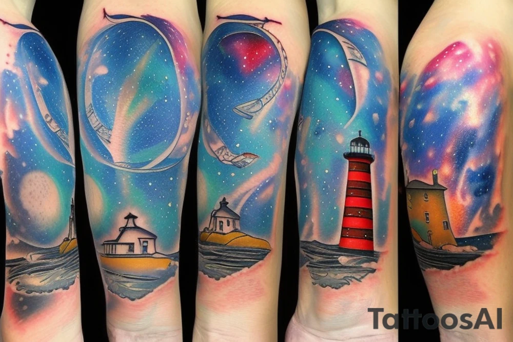 Lighthouse on the water in the galaxy tattoo idea