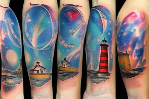 Lighthouse on the water in the galaxy tattoo idea