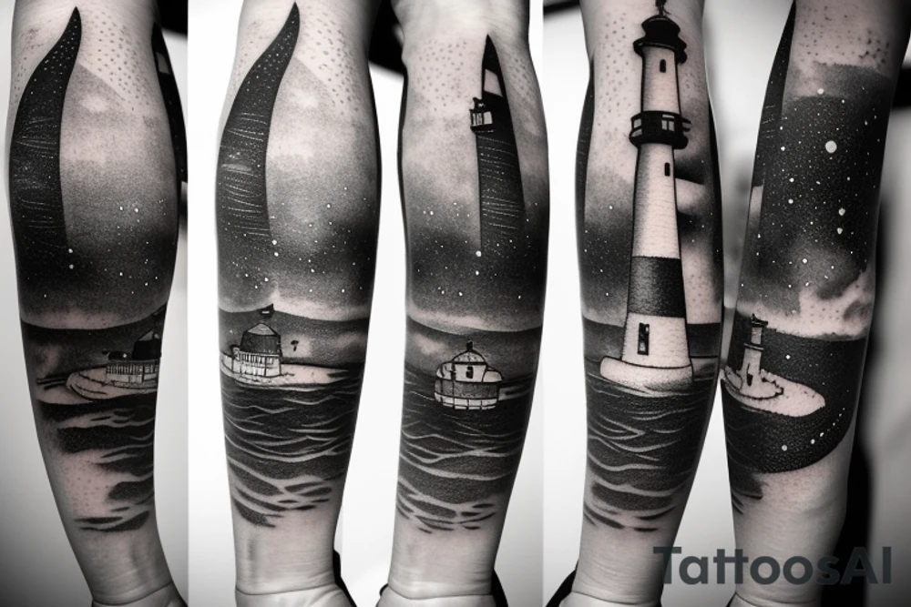 Lighthouse on the water in the galaxy tattoo idea