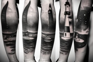 Lighthouse on the water in the galaxy tattoo idea