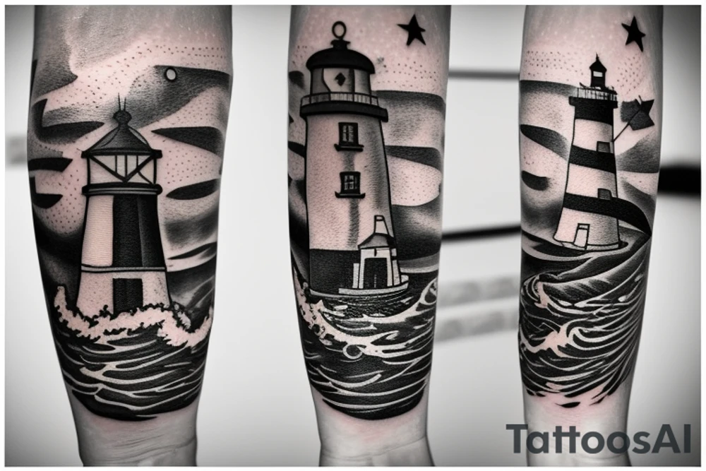 Lighthouse on the water in the galaxy tattoo idea