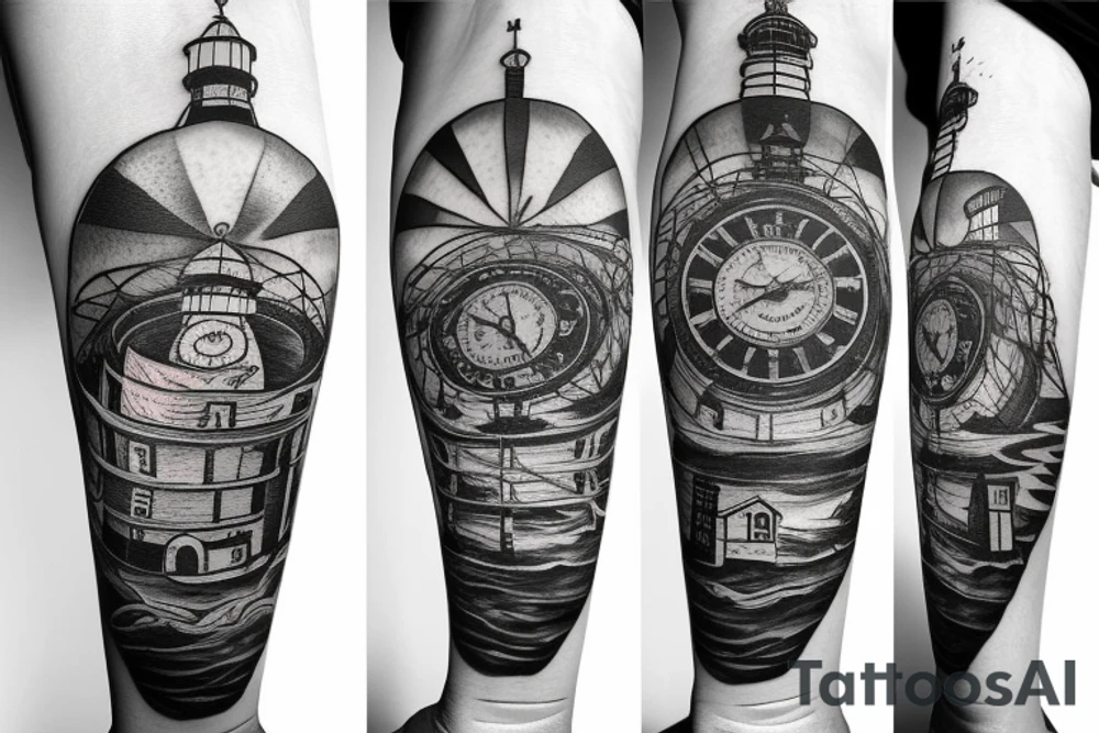Lighthouse in space made of clocks and compasses tattoo idea