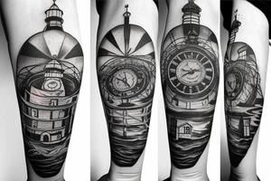 Lighthouse in space made of clocks and compasses tattoo idea