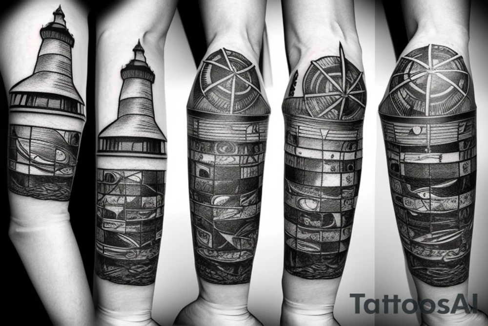 Lighthouse in space made of clocks and compasses tattoo idea Lighthouse in space made of clocks and compasses tattoo idea