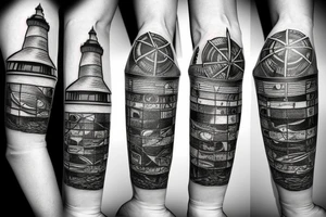 Lighthouse in space made of clocks and compasses tattoo idea