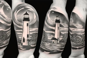 Lighthouse in space with clocks tattoo idea