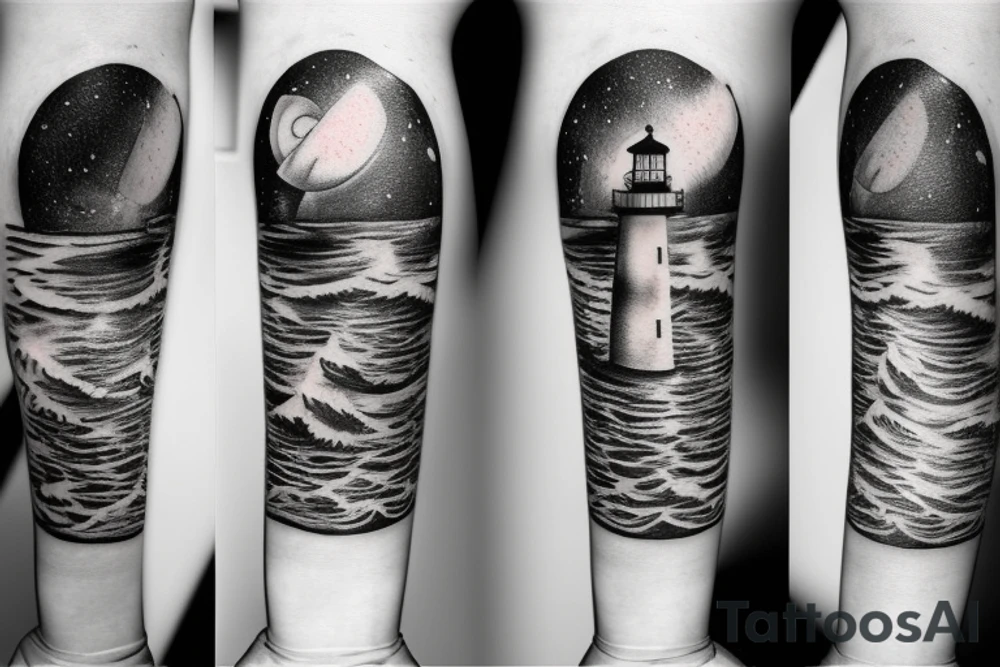 Lighthouse in space with clocks tattoo idea