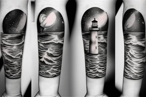 Lighthouse in space with clocks tattoo idea