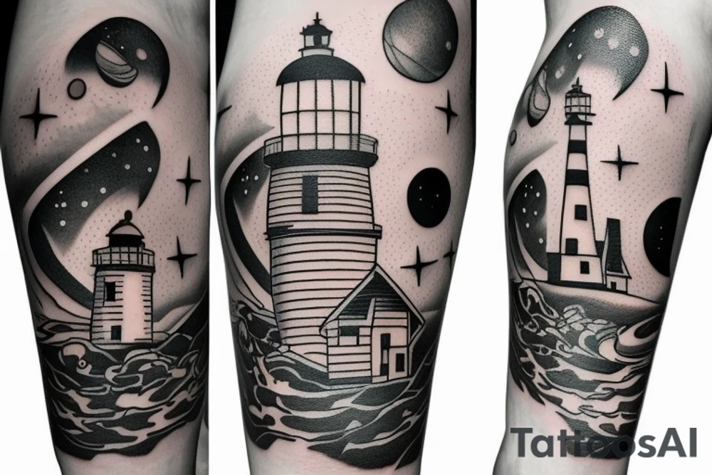 Lighthouse in outer space on forearm tattoo idea