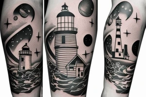 Lighthouse in outer space on forearm tattoo idea