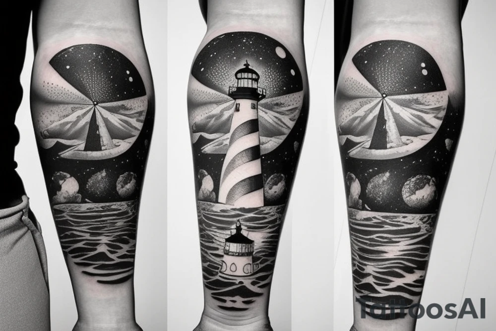 Lighthouse in outer space on forearm tattoo idea