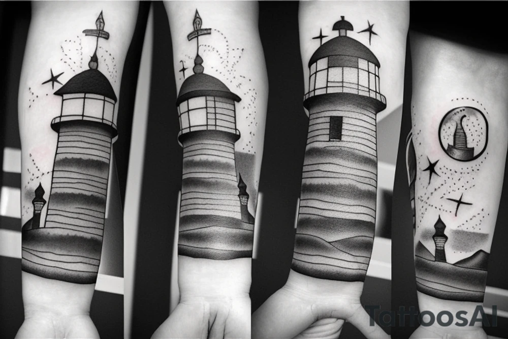 Lighthouse in a forest in outer space tattoo idea