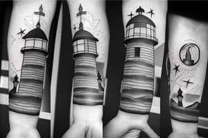 Lighthouse in a forest in outer space tattoo idea