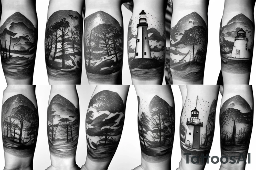 Lighthouse in a forest in outer space tattoo idea