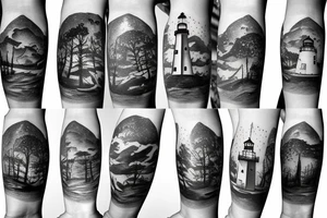 Lighthouse in a forest in outer space tattoo idea